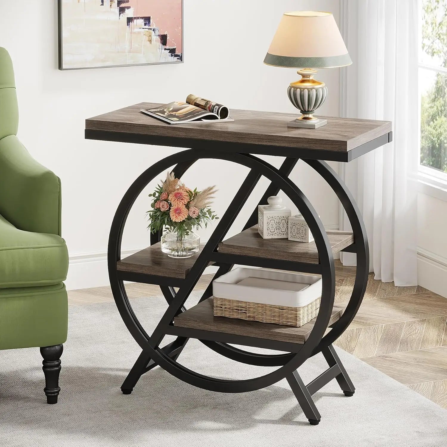 3 - Tier Narrow Side Table with Storage, Wood Sofa Side Table with Geometric Metal Frame, Nightstand for Bedroom, Living Room - Bakesbyemily.com