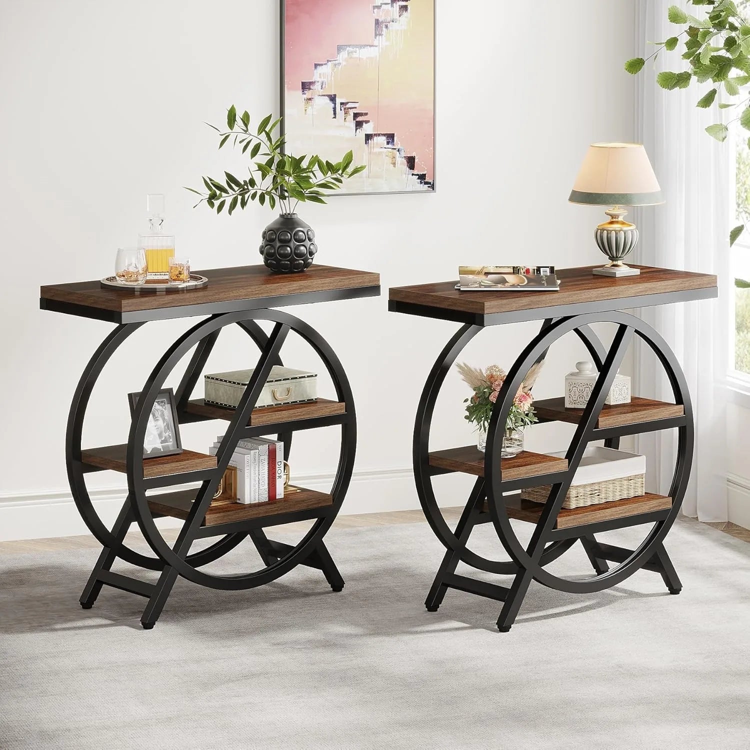 3 - Tier Narrow Side Table with Storage, Wood Sofa Side Table with Geometric Metal Frame, Nightstand for Bedroom, Living Room - Bakesbyemily.com