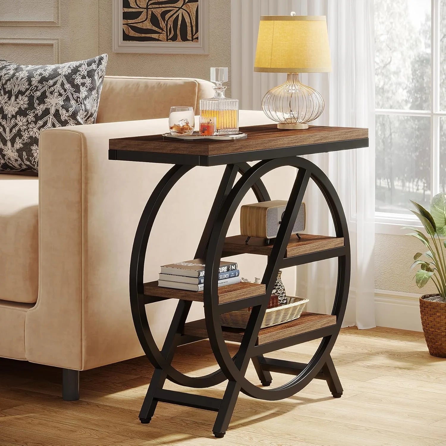 3 - Tier Narrow Side Table with Storage, Wood Sofa Side Table with Geometric Metal Frame, Nightstand for Bedroom, Living Room - Bakesbyemily.com