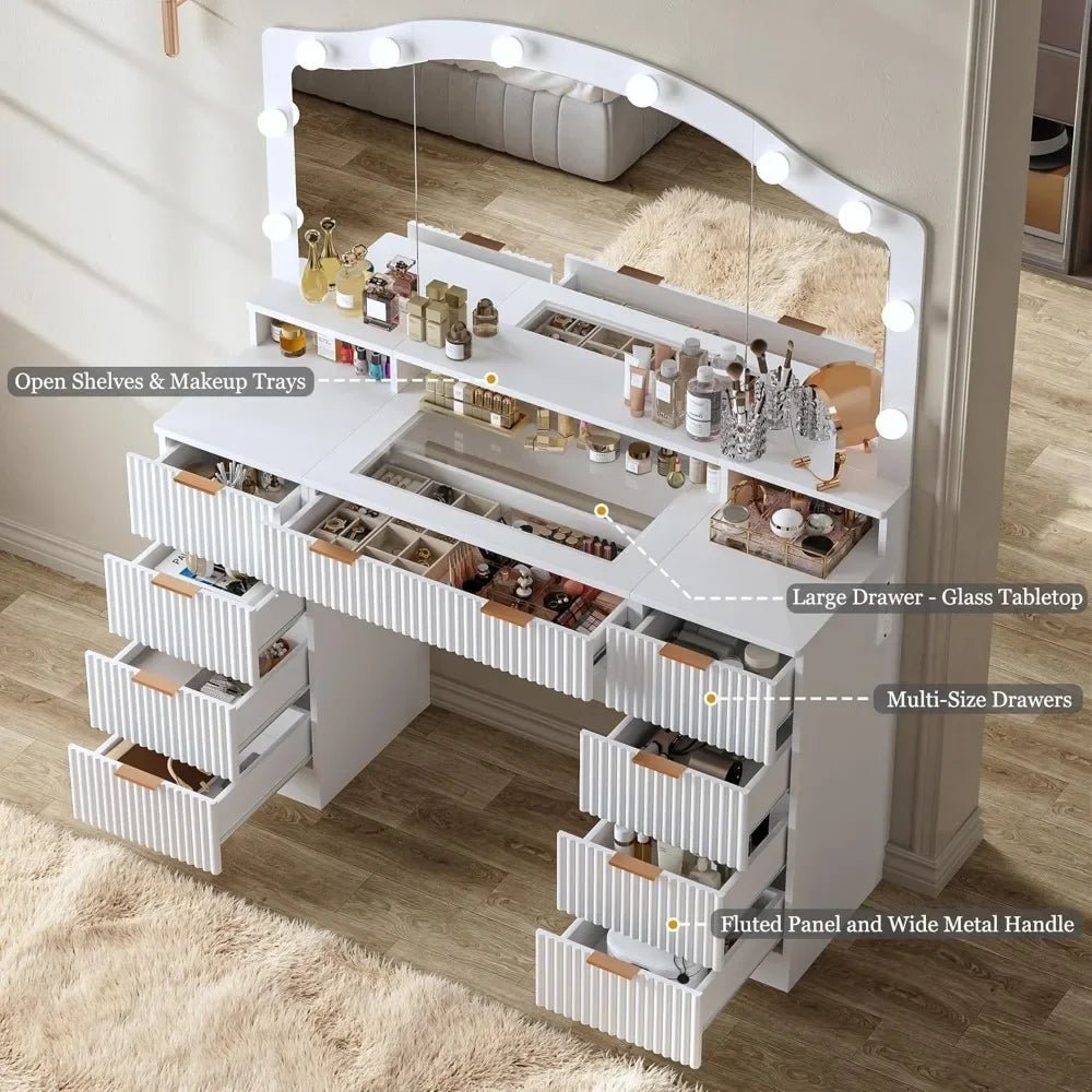 46" Fluted Vanity Desk with Large Mirror and Lights, Makeup Vanity Desk w/ Glass Top & Power Outlet, 9 - Drawer Dressing Table w/ - Bakesbyemily.com