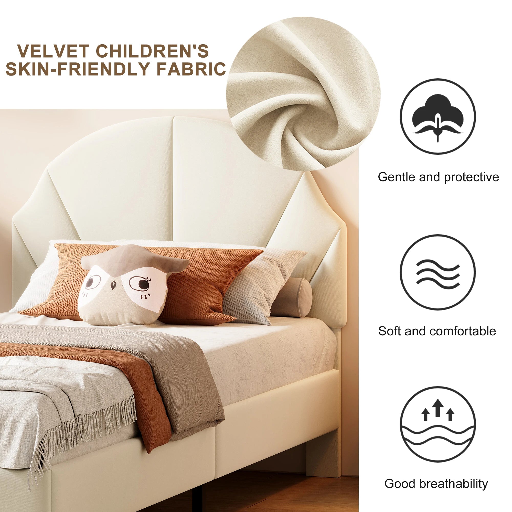 Rosahqnda Children bed 90x200 cm Adjustable Headboard Boy and girls Bed Teenage Bed Velvet Simple Assembly Beige/Pink