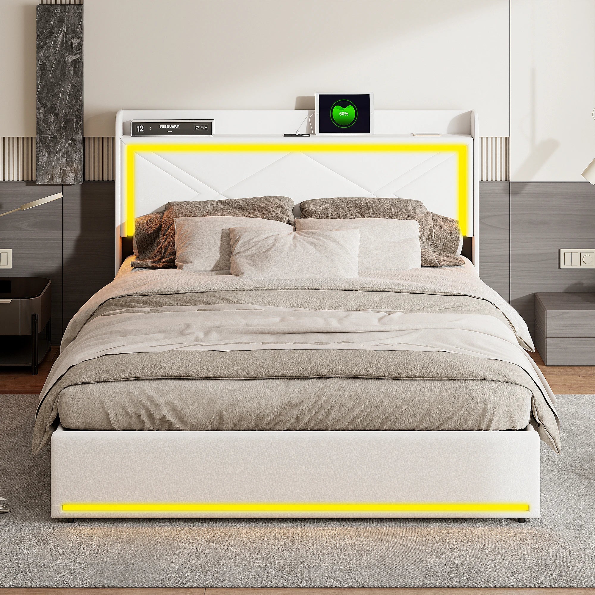 Comanlai Upholstered Bed, 160 x 200 cm, with LED and USB, Hydraulic Storage Bed,with Storage Space and Slatted Frame, PU,White