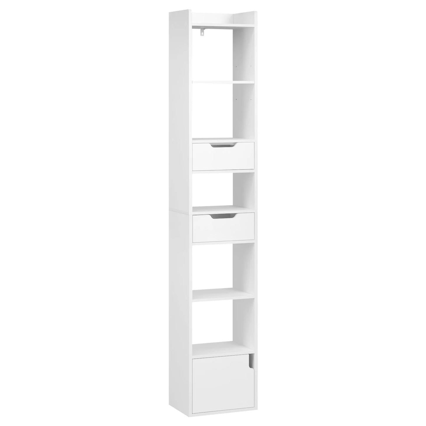 Narrow High Bookcase Shelf Freestanding Storage Unit with 6 Compartments 2 Drawers for Living Room Bedroom Office