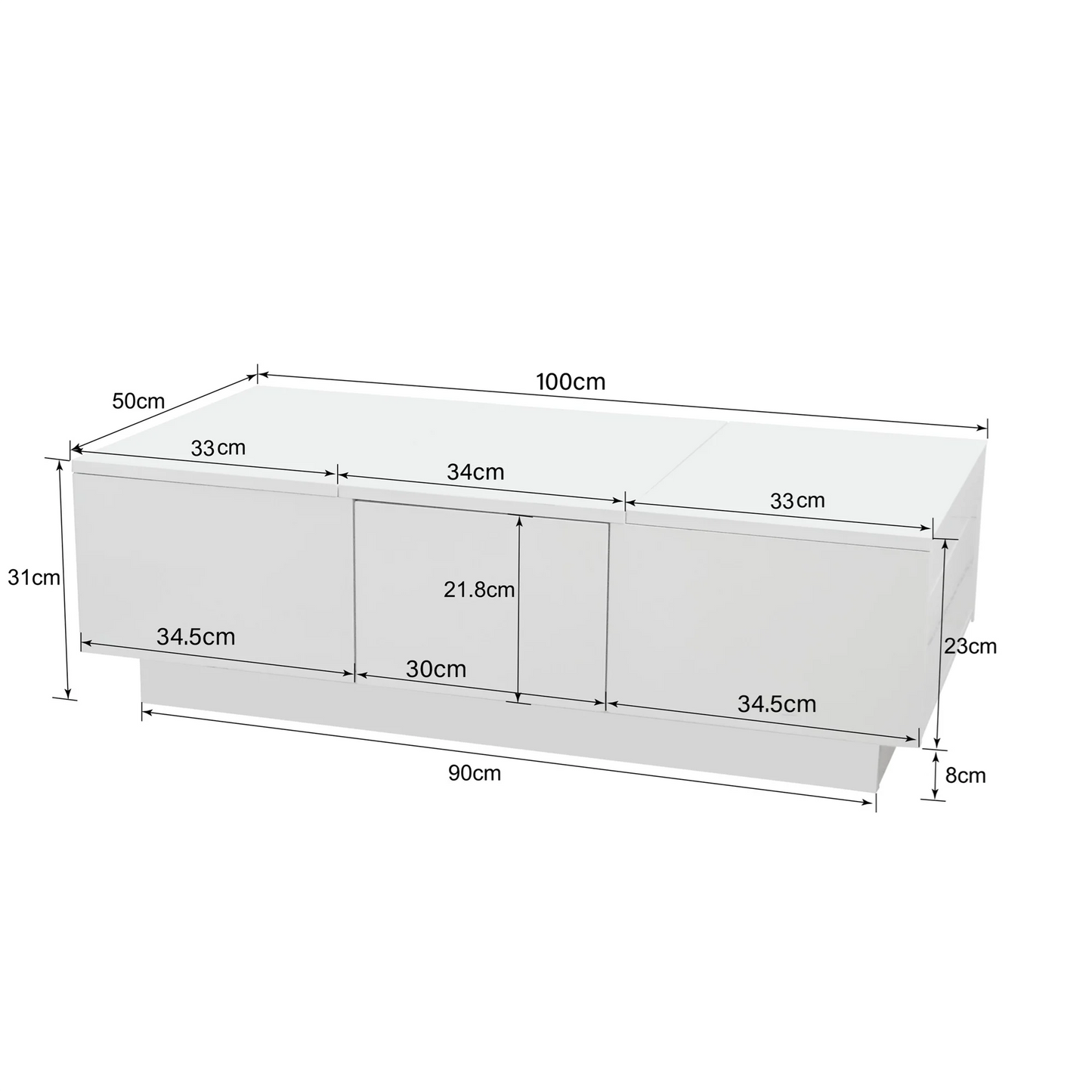 Coffee table 100x50x31 cm High Gloss Rectangular living room Table Push Pull storage Structure Double Sided Push