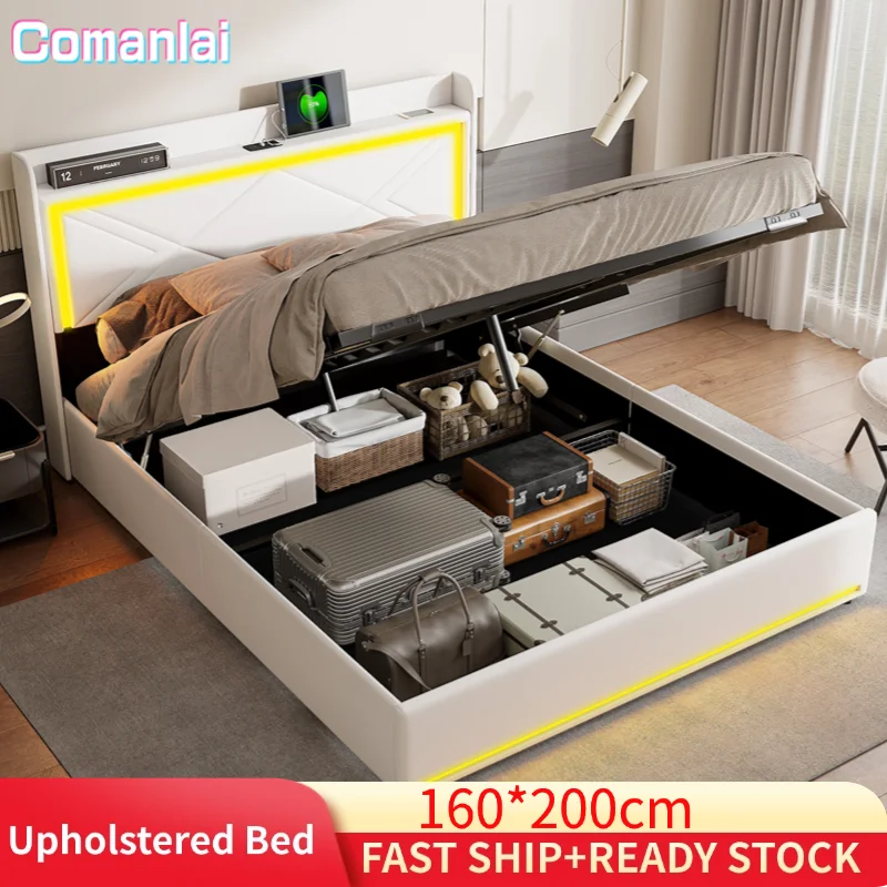 Comanlai Upholstered Bed, 160 x 200 cm, with LED and USB, Hydraulic Storage Bed,with Storage Space and Slatted Frame, PU,White