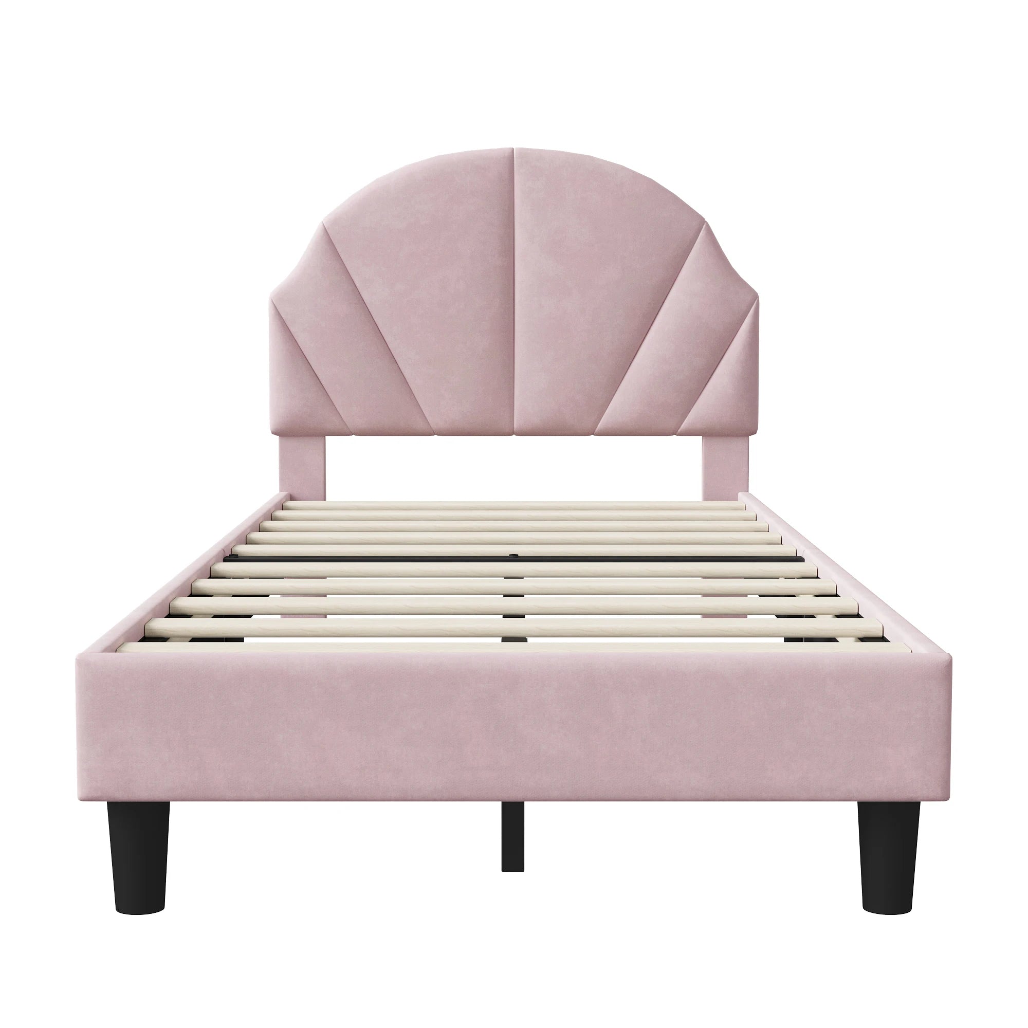 Rosahqnda Children bed 90x200 cm Adjustable Headboard Boy and girls Bed Teenage Bed Velvet Simple Assembly Beige/Pink