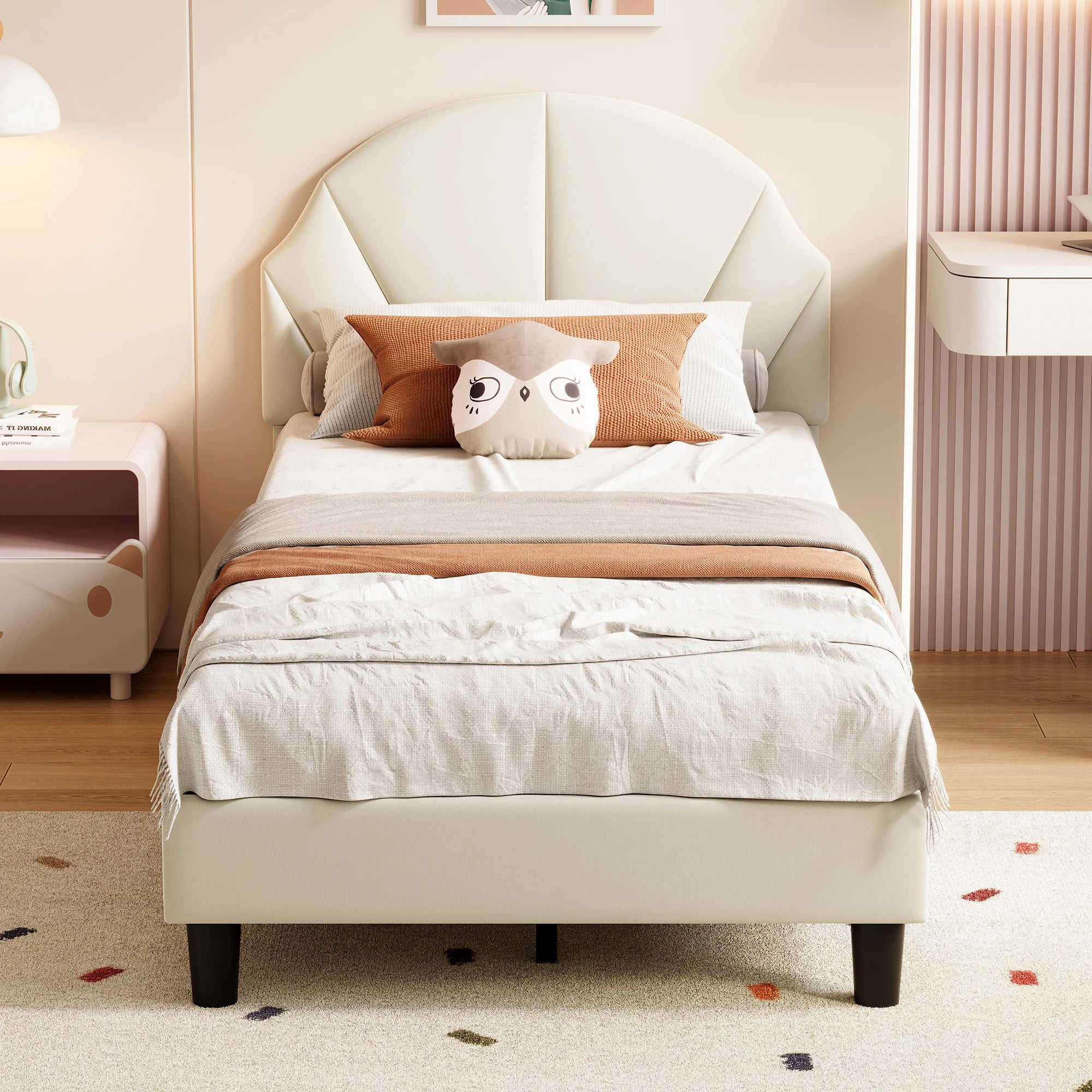 Rosahqnda Children bed 90x200 cm Adjustable Headboard Boy and girls Bed Teenage Bed Velvet Simple Assembly Beige/Pink