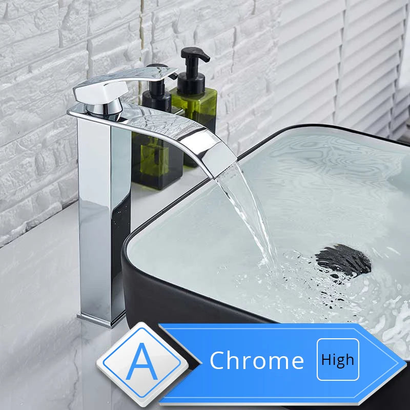 Rozin Waterfall Bathroom Sink Faucet Deck Mount Hot Cold Water Basin Mixer Taps Polished Chrome Lavatory Sink Tap