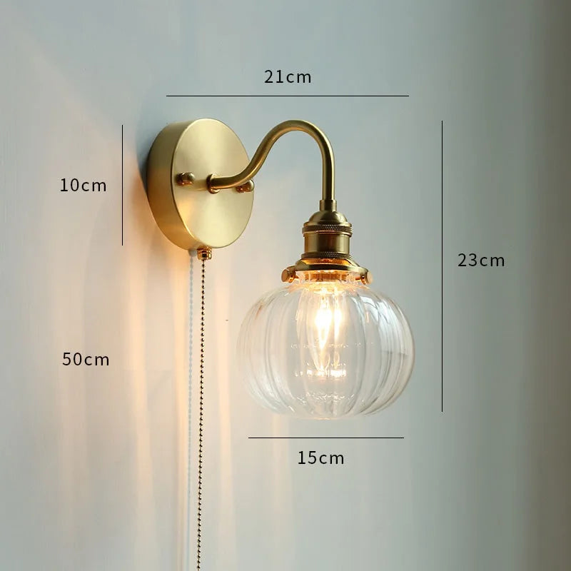 IWHD Glass Copper LED Wall Lights For Home Pull Chain Switch Bedroom Bathroom Mirror Stair Modern Nordic Wandlamp Lampara Pared