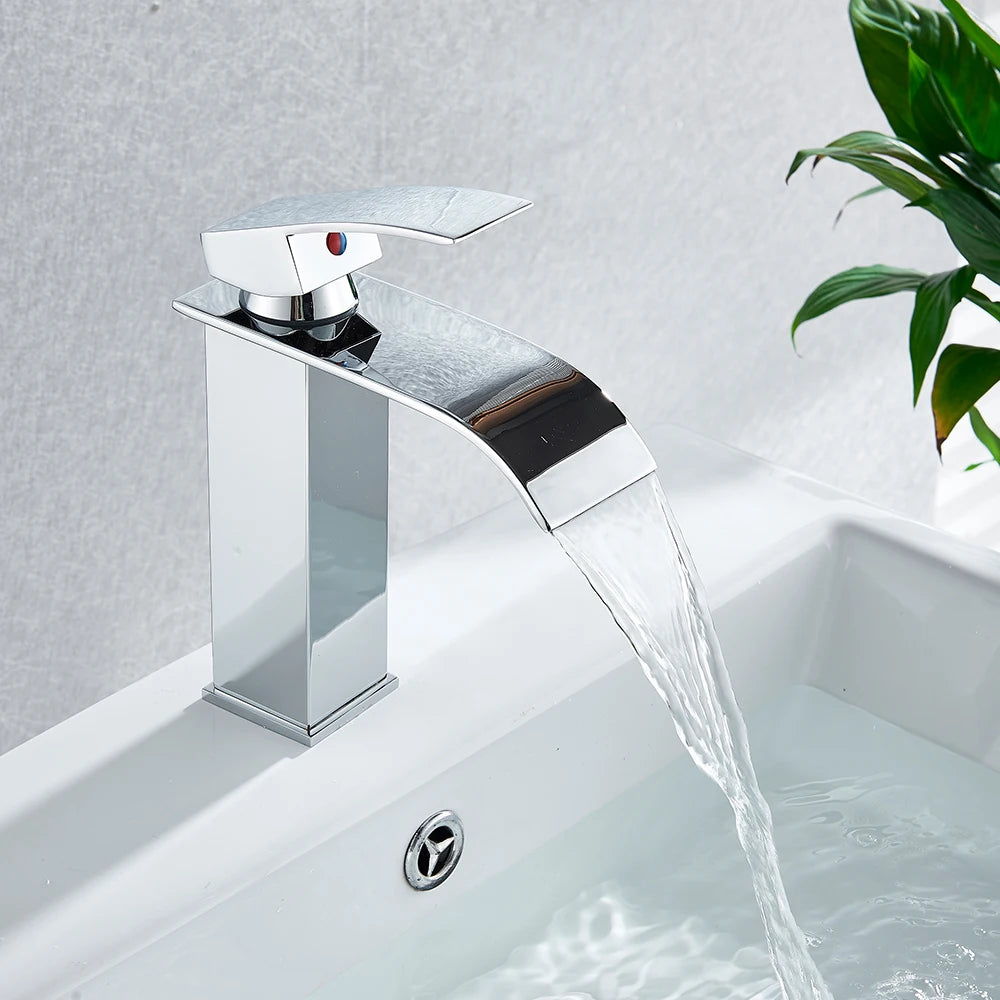 Rozin Waterfall Bathroom Sink Faucet Deck Mount Hot Cold Water Basin Mixer Taps Polished Chrome Lavatory Sink Tap
