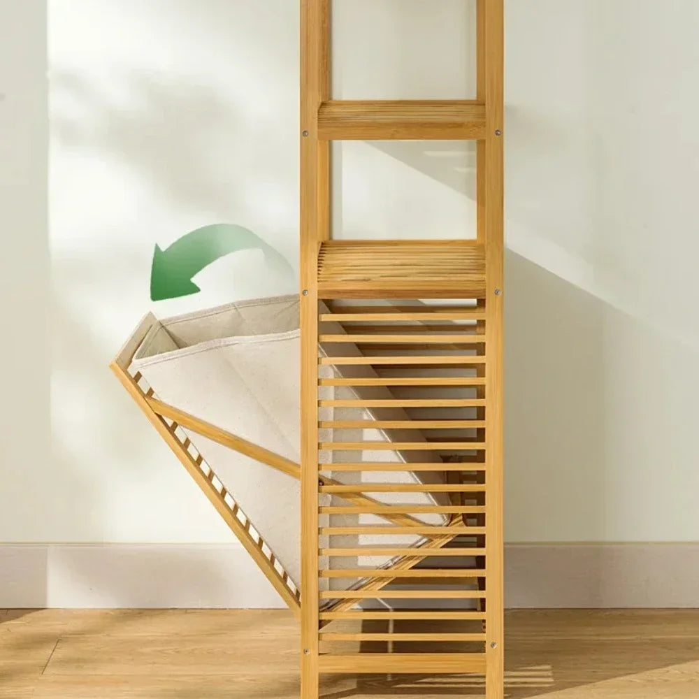 Laundry Hamper with Shelf With Tilt Out Basket 3/4 Tier Wooden Storage Hamper Bathroom Rack Multi-function Bamboo Laundry Basket