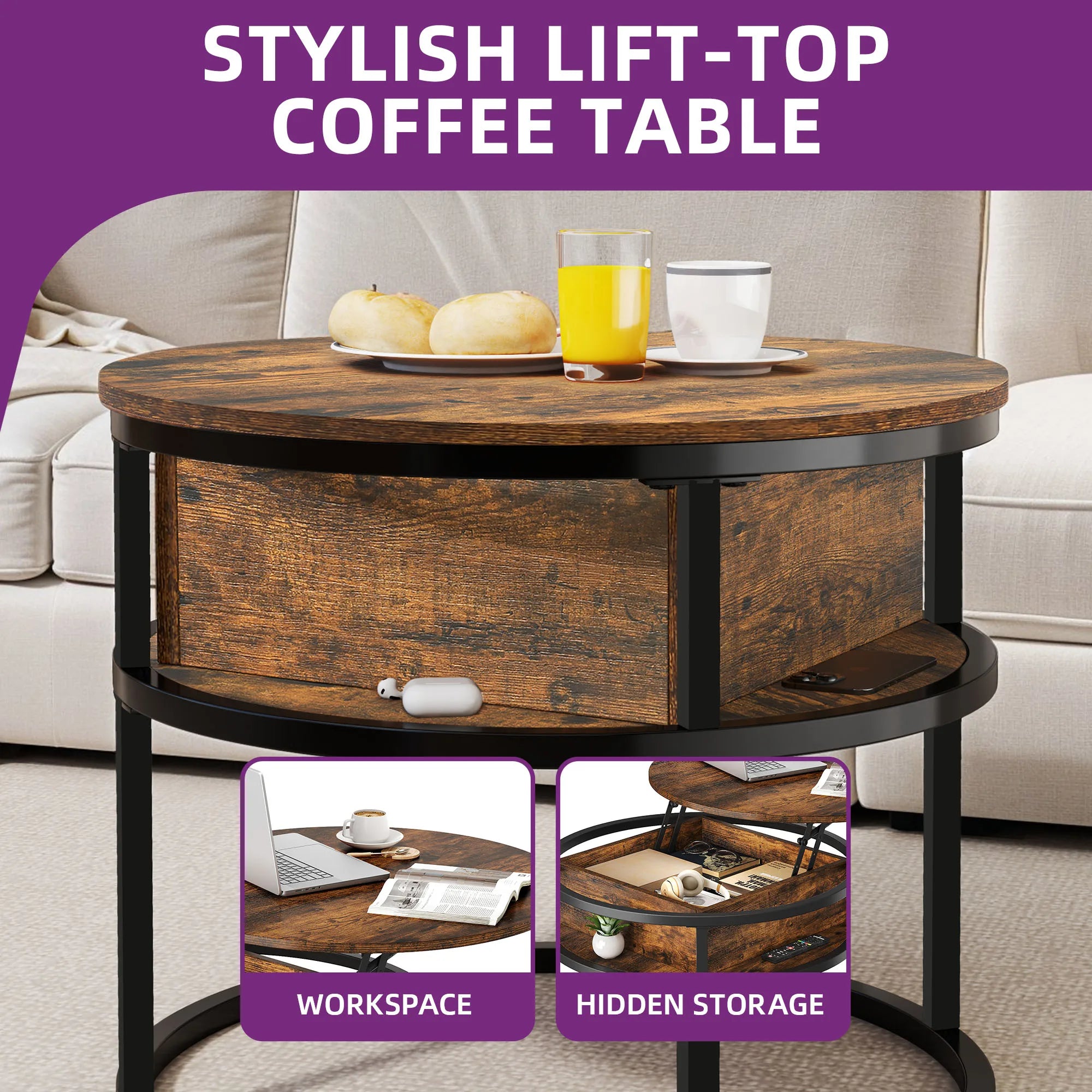 YITAHOME Coffee Table With Lift Top, Lift Up Coffee Table Round With Hidden Storage Compartment, 60x60x47cm