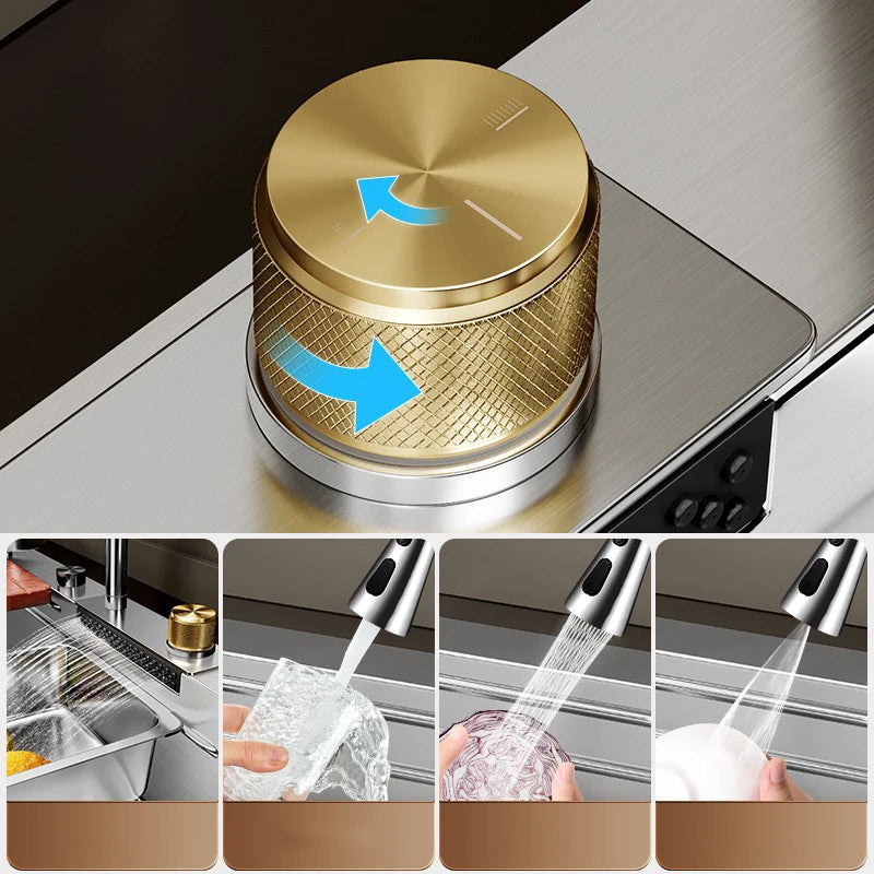 Multifunction Brushed Nano Kitchen Sink Waterfall Faucet Large Single Bowl Cup Washer Pure Tap Soap Dispenser Stainless Steel