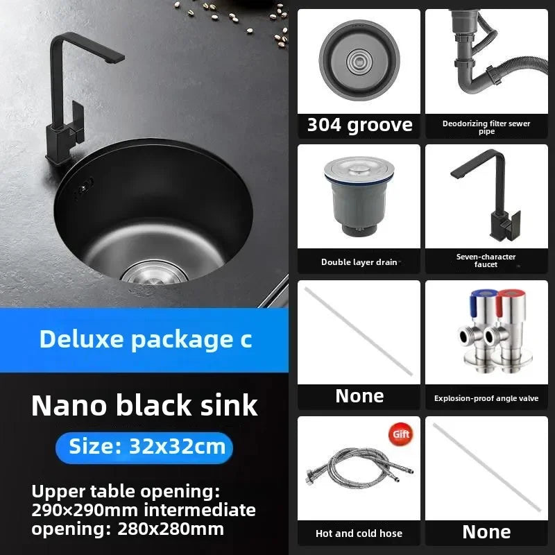 Black Round Bar Sink Nano Stainless Steel Single Basin Small Kitchen Dishwashing and Vegetable Washing Sink kitchen sink cocina