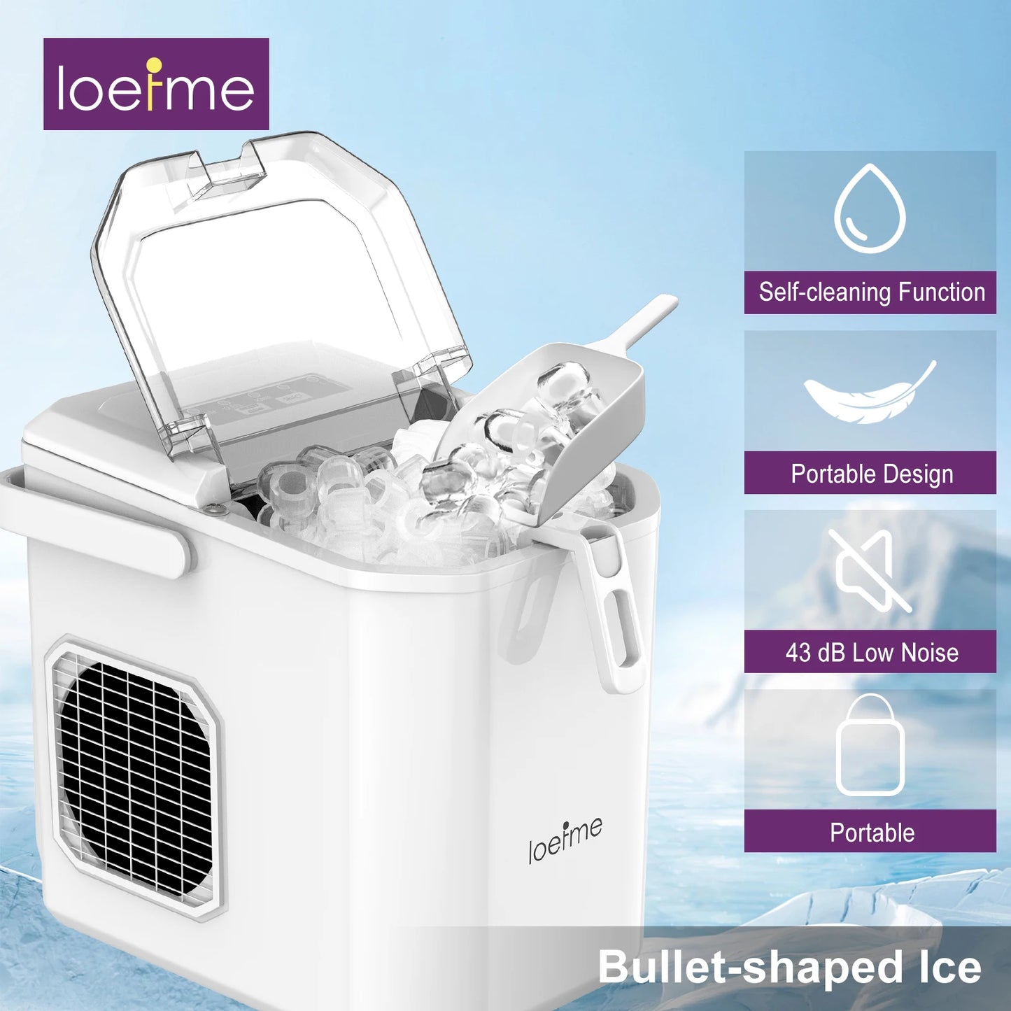 Loefme Ice Maker Cubes Machine Small Automatic Cleaning Bullet Shaped Ice Makers Fast Ice Making For Households Caffee Camping