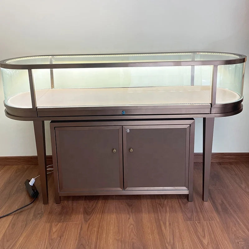 custom,Curved Jewelry Shop Fixture Glass Display Counter Lockable Jewelry Glass Vitrine Showcase Display Cabinet