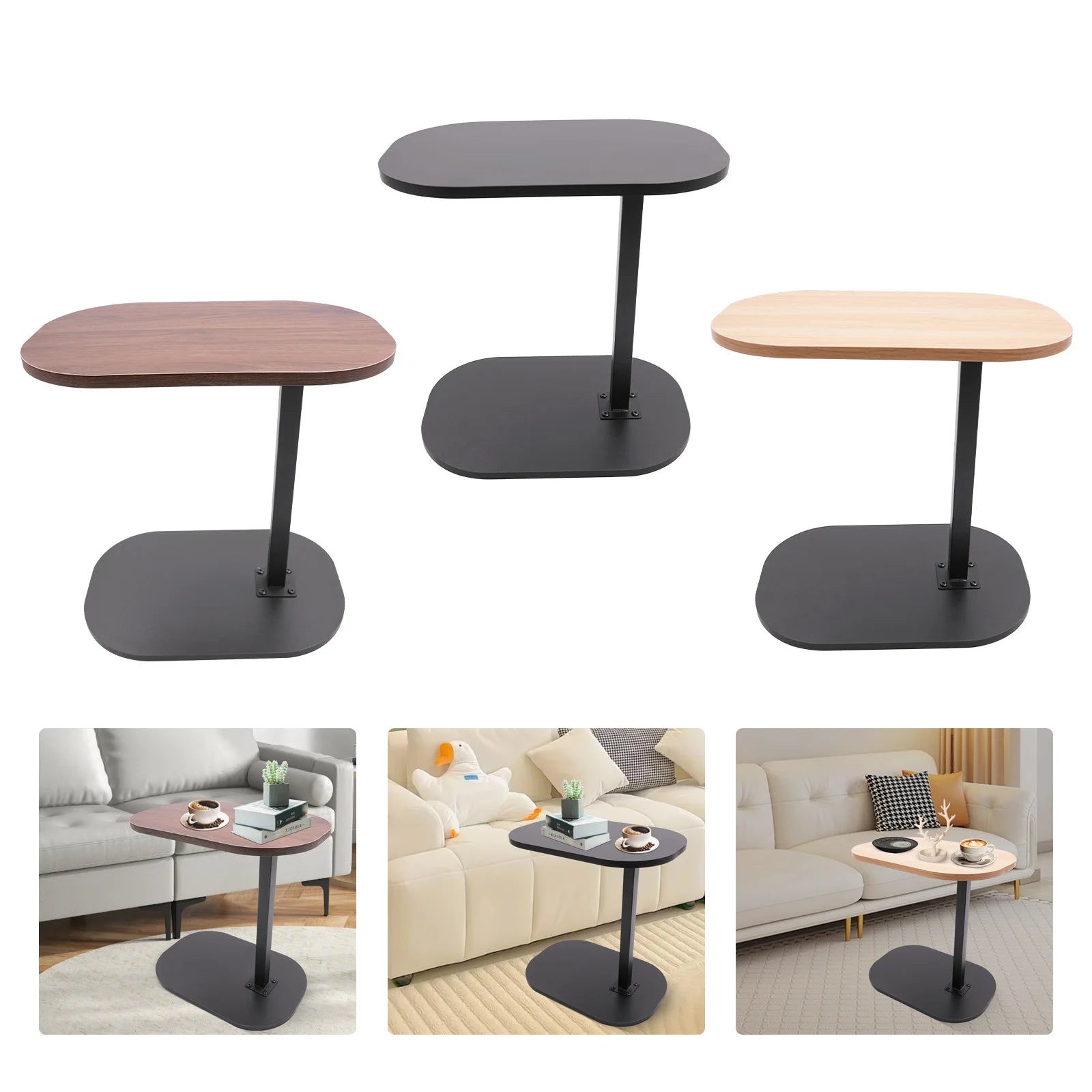 Adjustable C-Shaped Side Table 17.7-31.5" Height & 360° Rotating Top for Bed/Sofa (Walnut/Black/Wood)