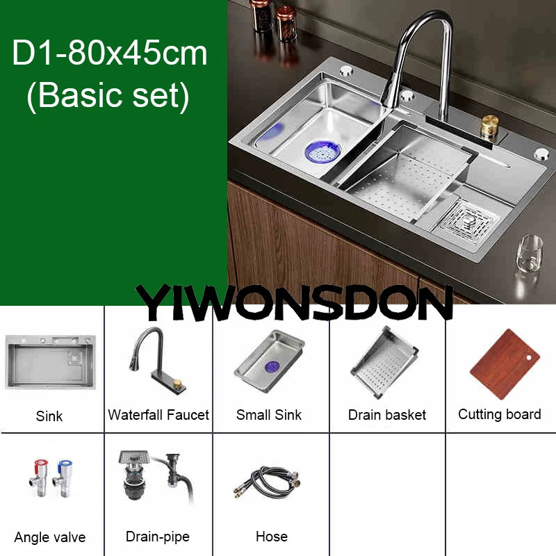 Multifunction Brushed Nano Kitchen Sink Waterfall Faucet Large Single Bowl Cup Washer Pure Tap Soap Dispenser Stainless Steel