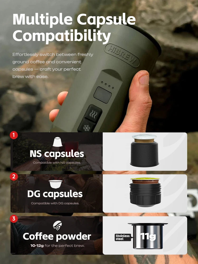 HiBREW Portable Espresso Coffee Machine for Car & Home Camping Coffee Maker Fit Nespresso Dolce Capsule Powder H4C