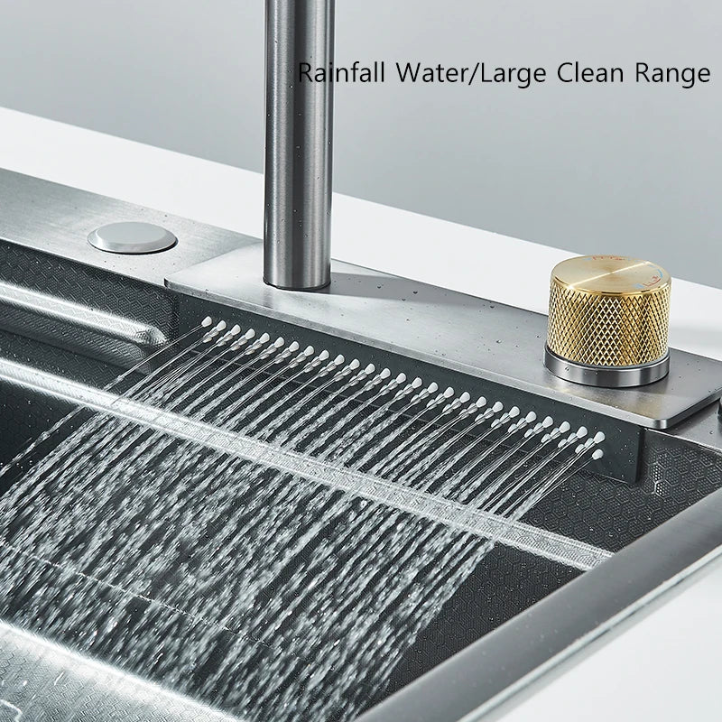 304 Stainless Steel Waterfall Kitchen Sink Large Single Slot Integrated 60X45cm Faucet Set Soap Dispenser Pure Water Tap