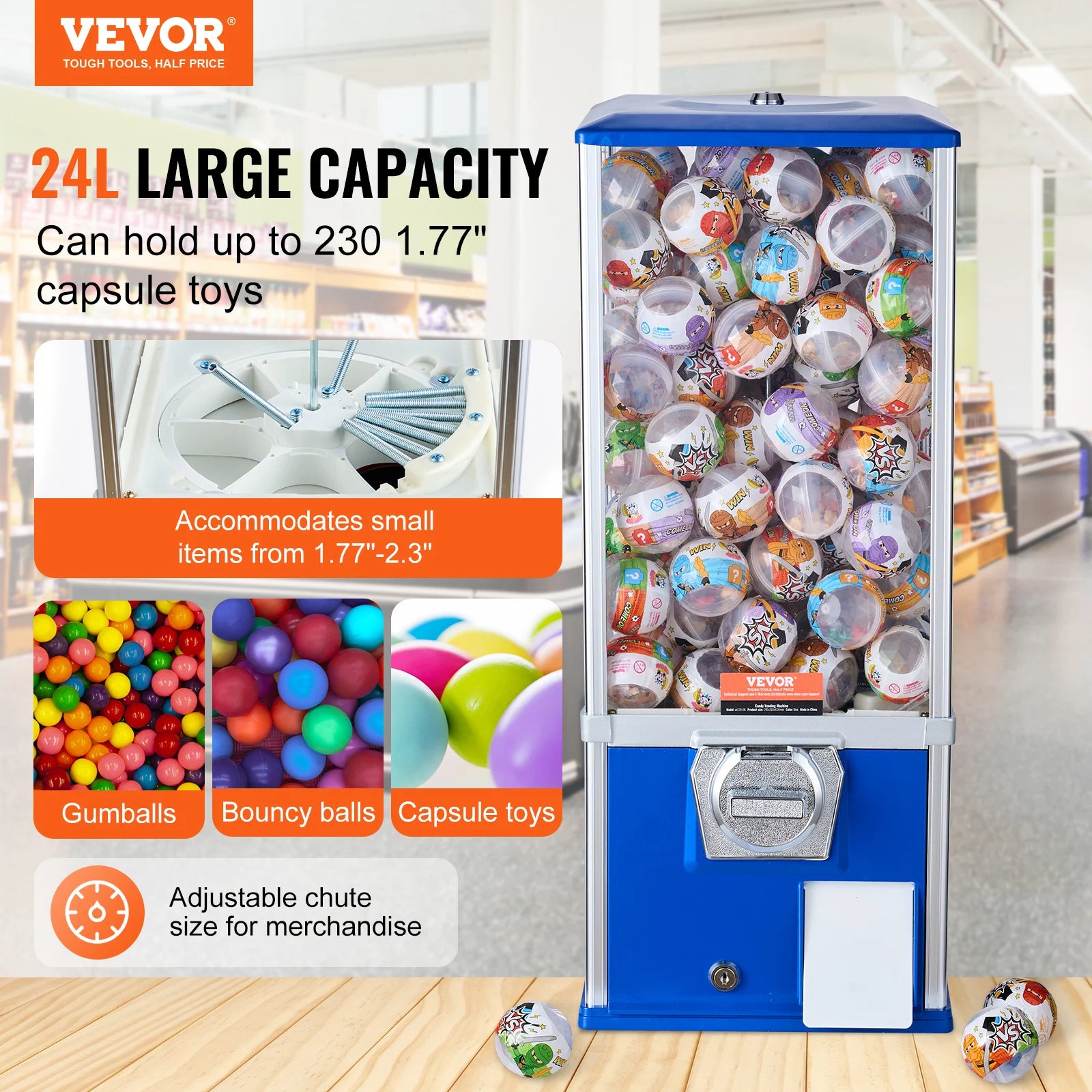 VEVOR 25inch Gumball Machine for Kids PS 230 Capsule Toys Rectangle Blue For Game Stores Coin Operated Gumball Bank