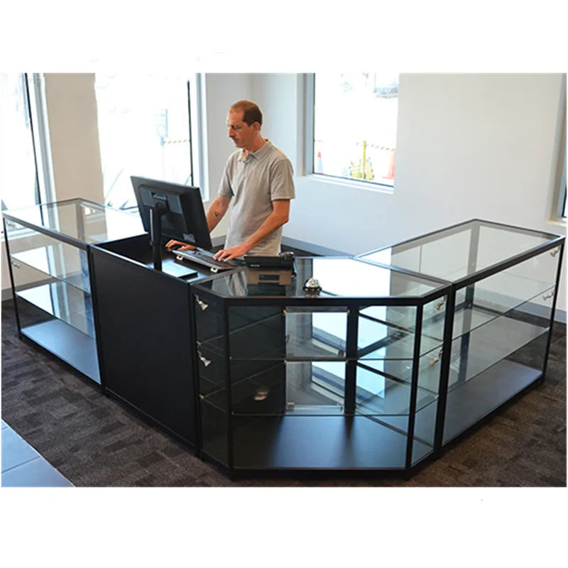 custom,L Shaped Aluminum Supermarket Retail Shop Turn Corner Glass Display Showcase Shopping Mall Lockable Display Cabinet Count