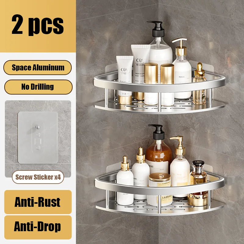 Bathroom Shelves Aluminum Alloy Shower Corner Shelf Shampoo Rack No Drill Kitchen Organizer Wall Shelf Bathroom Accessories