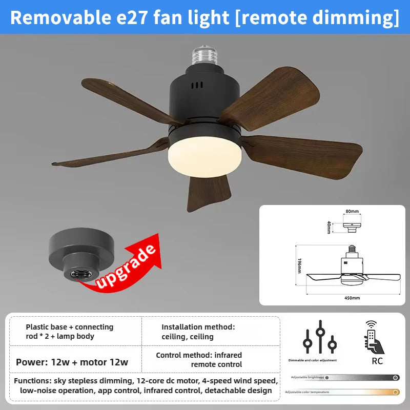 E27 Socket Fan Light Detachable LED Ceiling Fan Light Living Room Dining Room Remote Control 4-speed Dimming Ceiling Fan