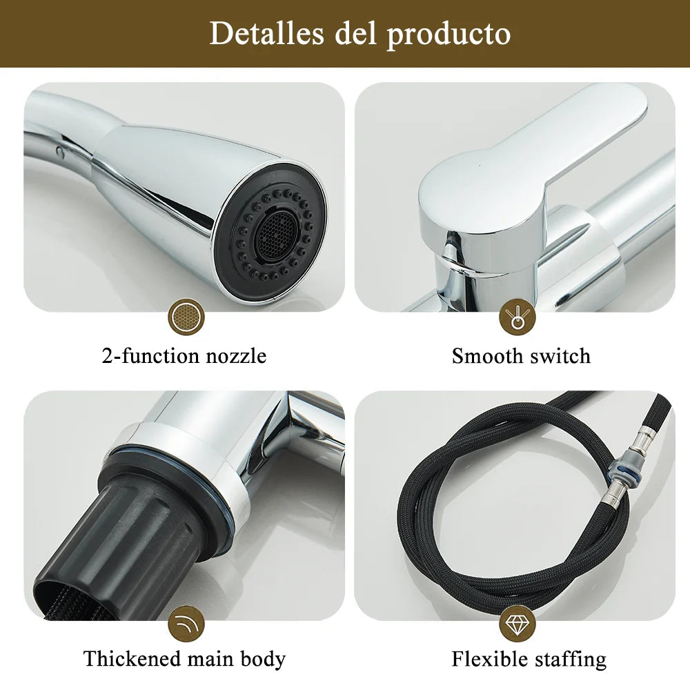 Chrome Home Kitchen Sink Pull-Out Tap Single Handle Cold and Hot Single Handle Deck 360 ° Optional Crane 2 Function Spray Faucet