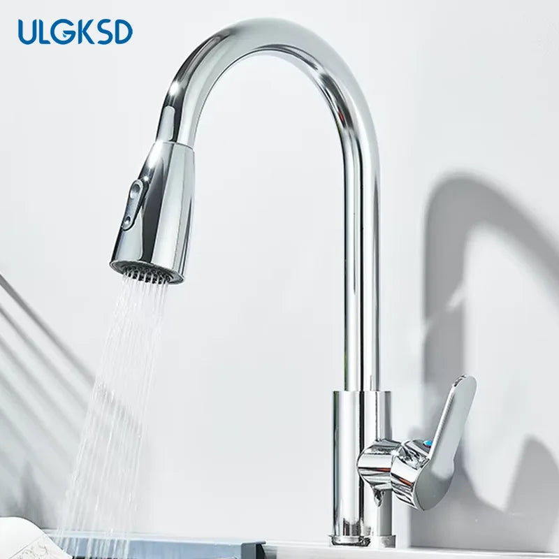 Chrome Home Kitchen Sink Pull-Out Tap Single Handle Cold and Hot Single Handle Deck 360 ° Optional Crane 2 Function Spray Faucet