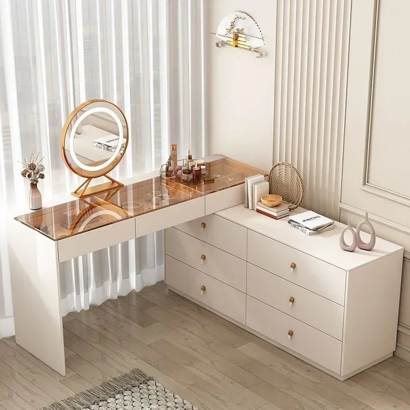 Modern Vanity Desk with LED Lighted Mirror, Luxury Corner Makeup Vanity Table 6 Drawers and Large Storage Dressing Table Shelves