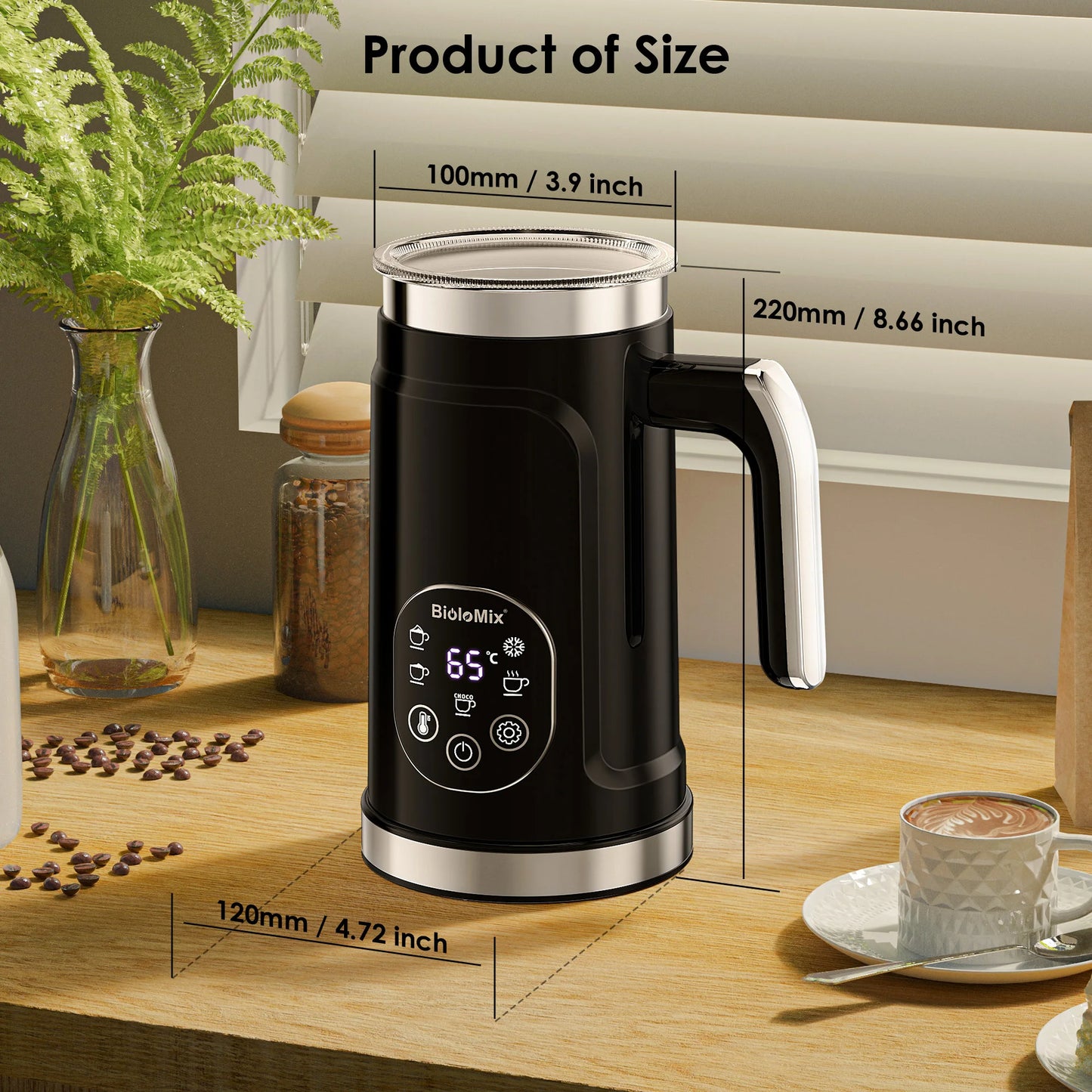 BioloMix 5-in-1 Milk Frother with LED Touch Screen – Hot & Cold Foam Maker for Lattes, Coffee & More