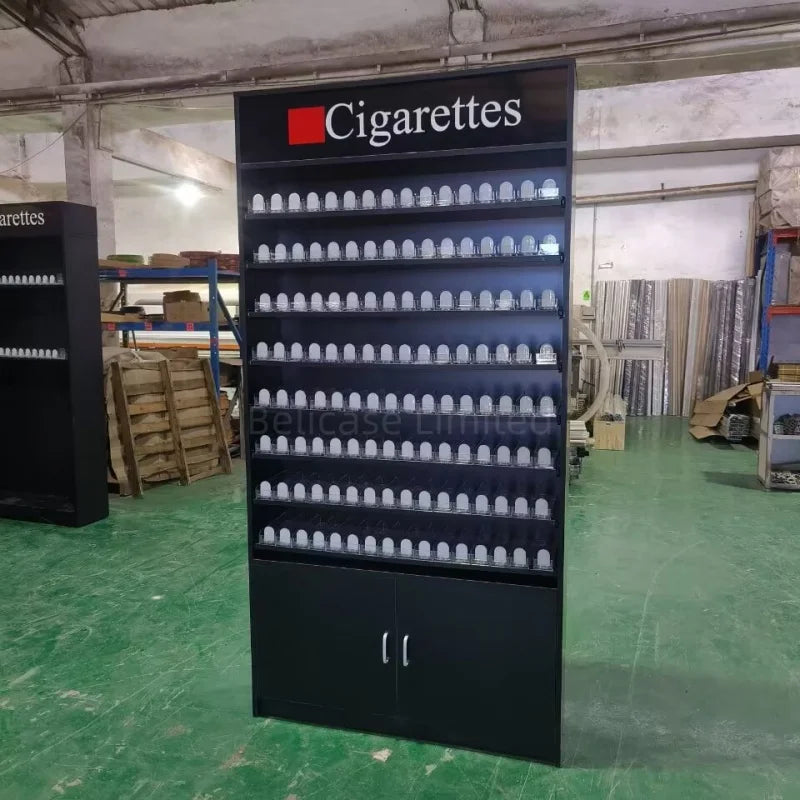 custom,Smoke Shop Fittings Cigarettes Shelves Tobacco Display Stand with Storage Cabinet Led Lighting Tobacco Store Ra