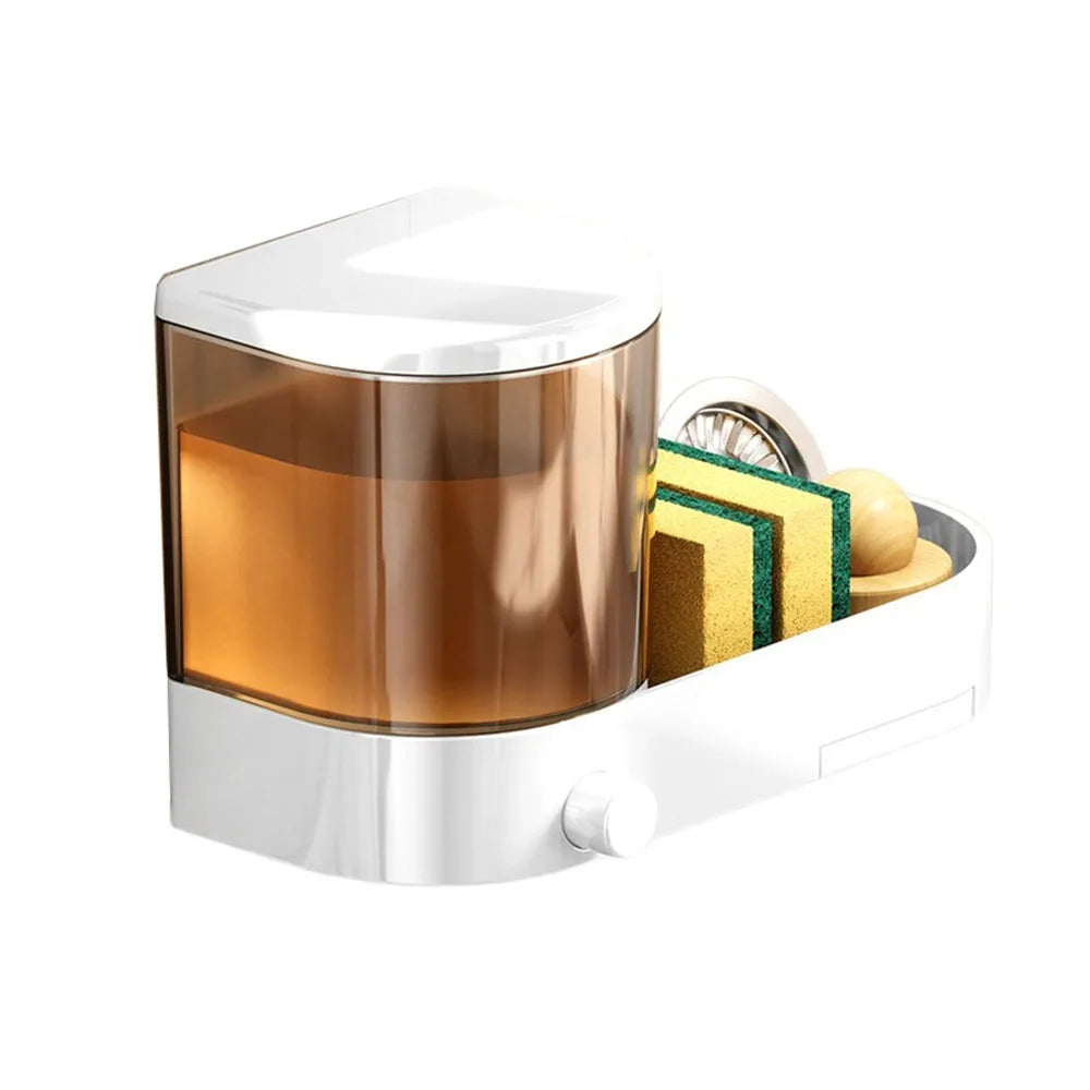 with Drain Tray Wall Mounted Soap Dispenser with Sponges Holder Hand Press Dishwashing Liquid Holder Space Saving