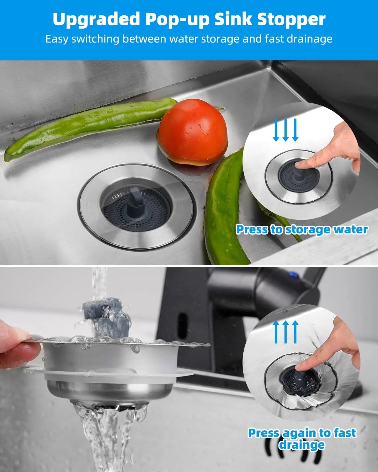 Hibbent Upgraded 3 in 1 Kitchen Sink Drain Strainer and Stopper Combo, Stainless Steel Metal Pop Up Sink Stopper,
