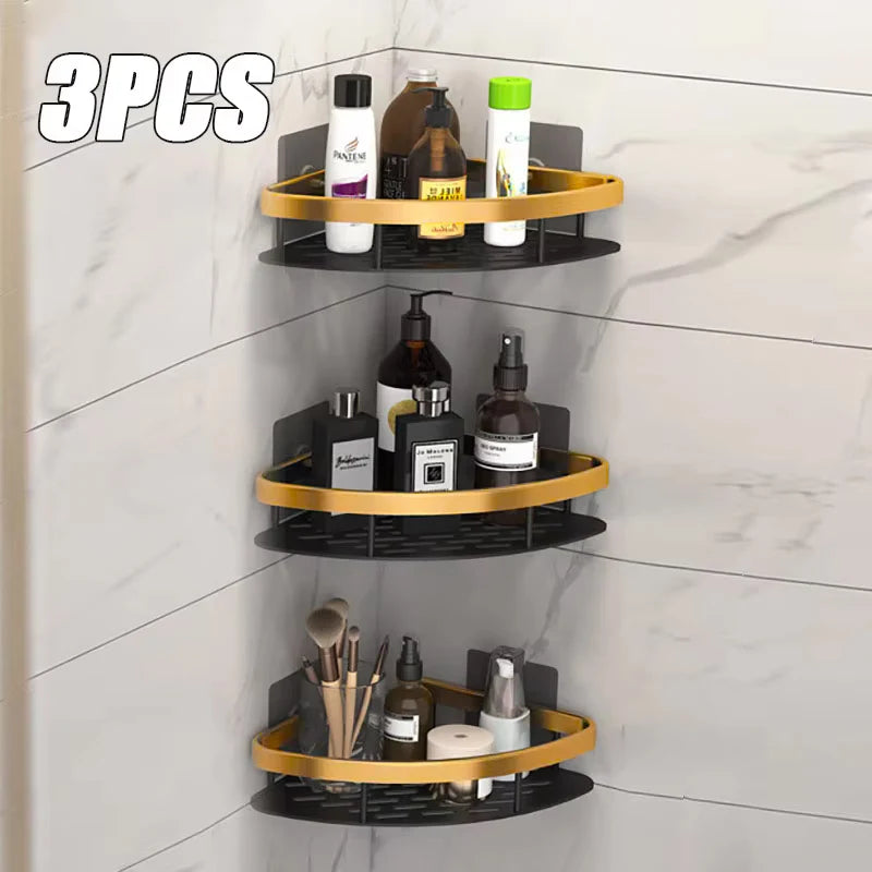 Bathroom Shelves Wall Mounted No Drill Space Aluminum Shower Corner Caddy Storage Shelf  Kitchen Organizer Rack Floating Shelf
