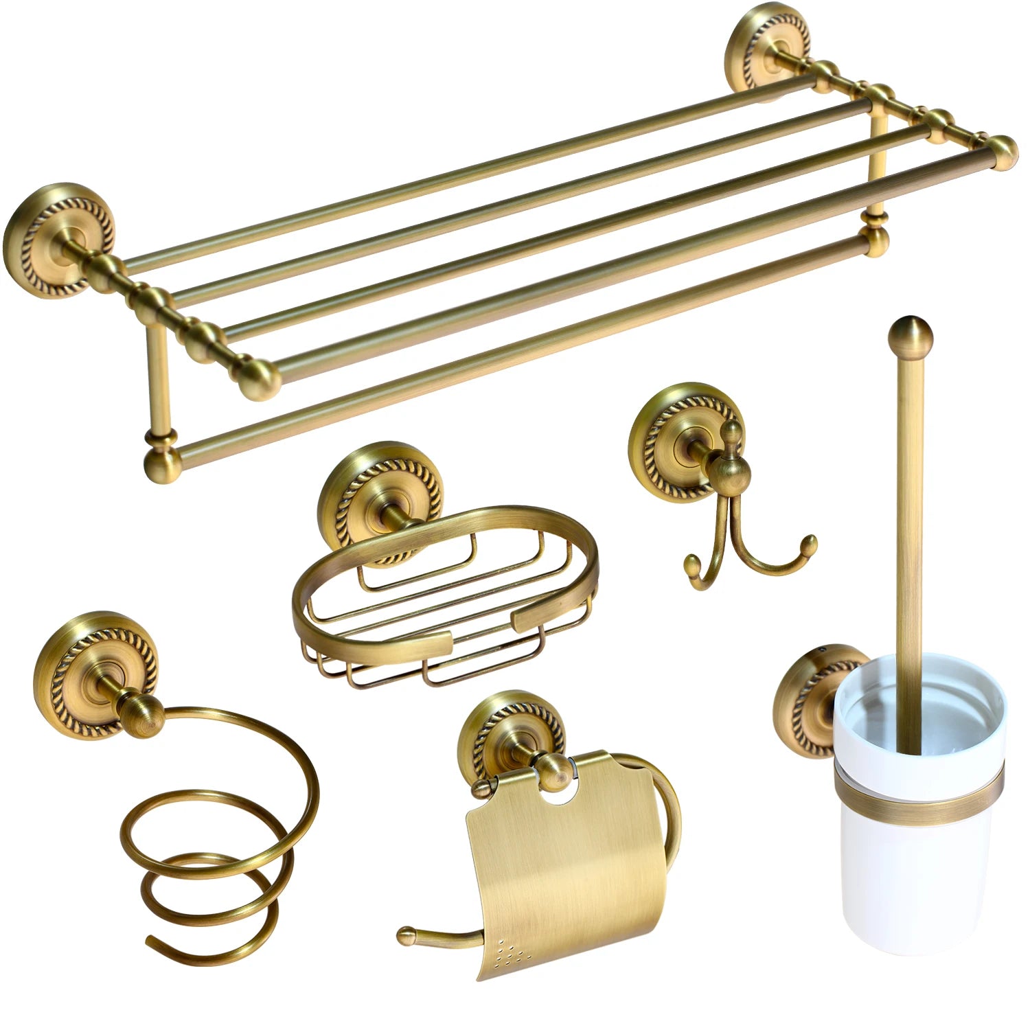 KEMAIDI Antique Brass Bathroom Accessories paper Holder Toilet Brush Rack Commodity Basket Shelf Soap Dish Robe Hook Hair Dryer