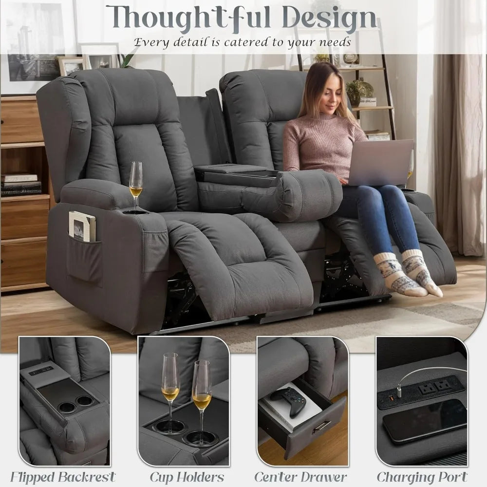 Loveseat Recliner Sofa - Flipped Backrest Console, Cup Holders, Side Pockets, Pillows, Drawers, Outlets