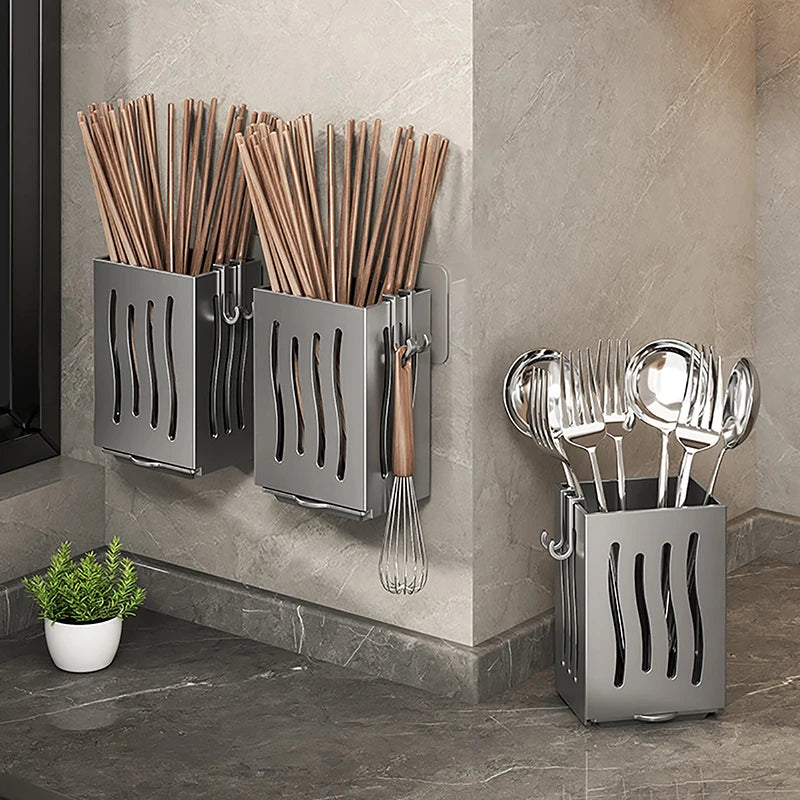 1-Piece Kitchen Utensil Rack-Multifunctional Draining Chopstick Holder,Wall-Mounted Or Freestanding Cutlery Storage Box, Plastic