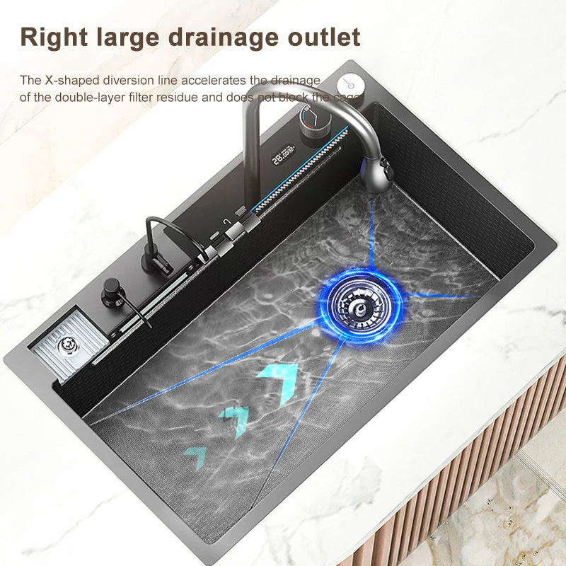 Stainless Steel Waterfall Kitchen Sink Large Single Slot With Digital Display Faucet Apartment Multifunctional Wash Basin