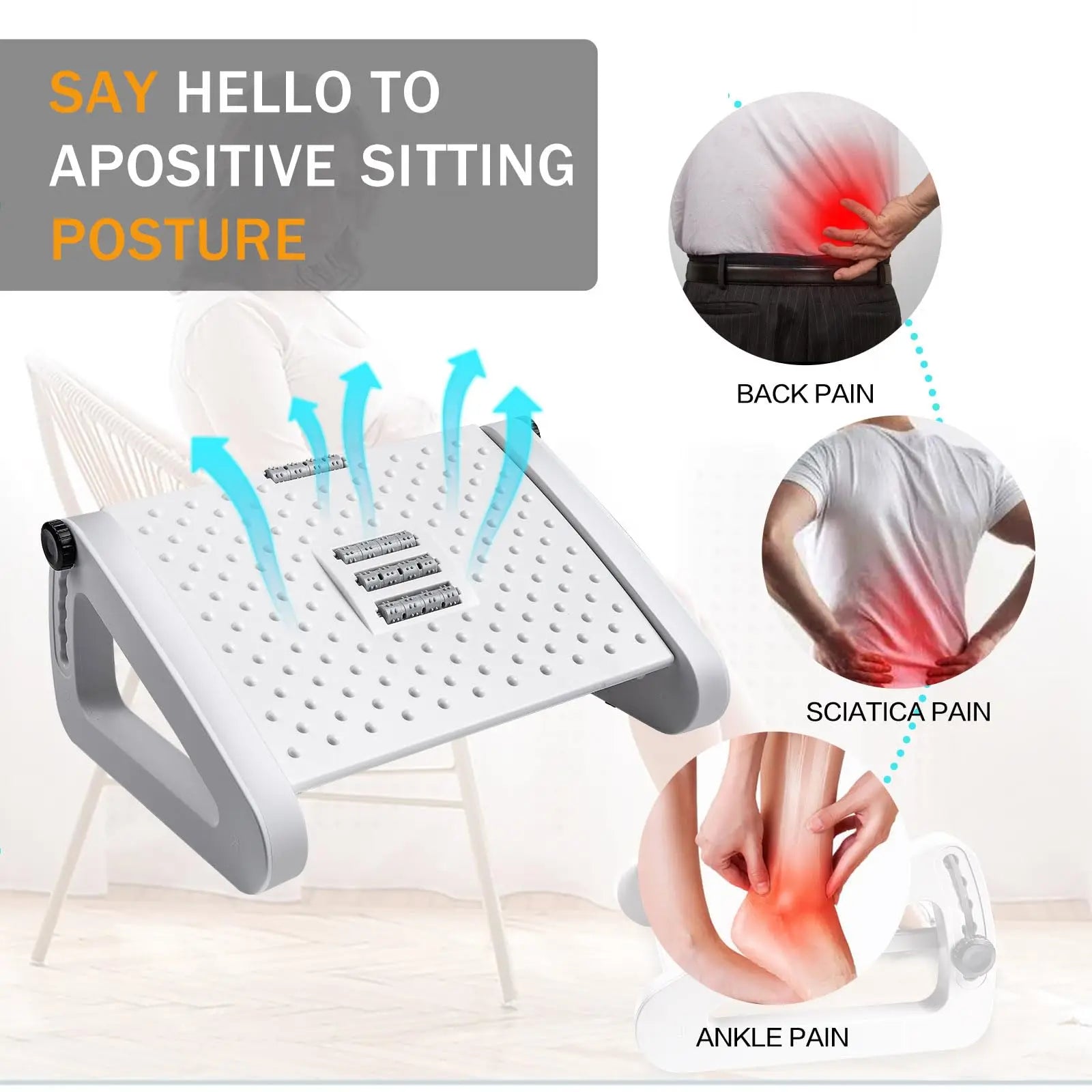 Foot Rest for Under Desk at Work Ergonomic 6 Heights Adjustable Footrest with Massage Roller Portable Under Desk Foot Stool