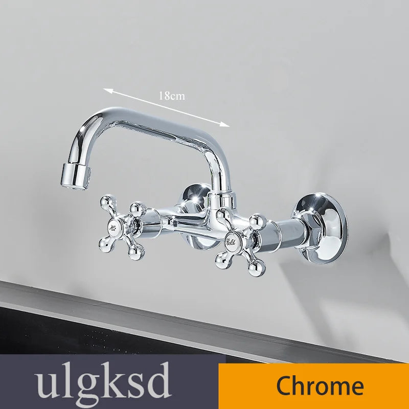 Chrome Wall Mounted Bathroom Kitchen Faucet Dual Handle Hot and Cold Water Tap Sink Mixer Tap 360 Swivel Long Spout Kitchen  