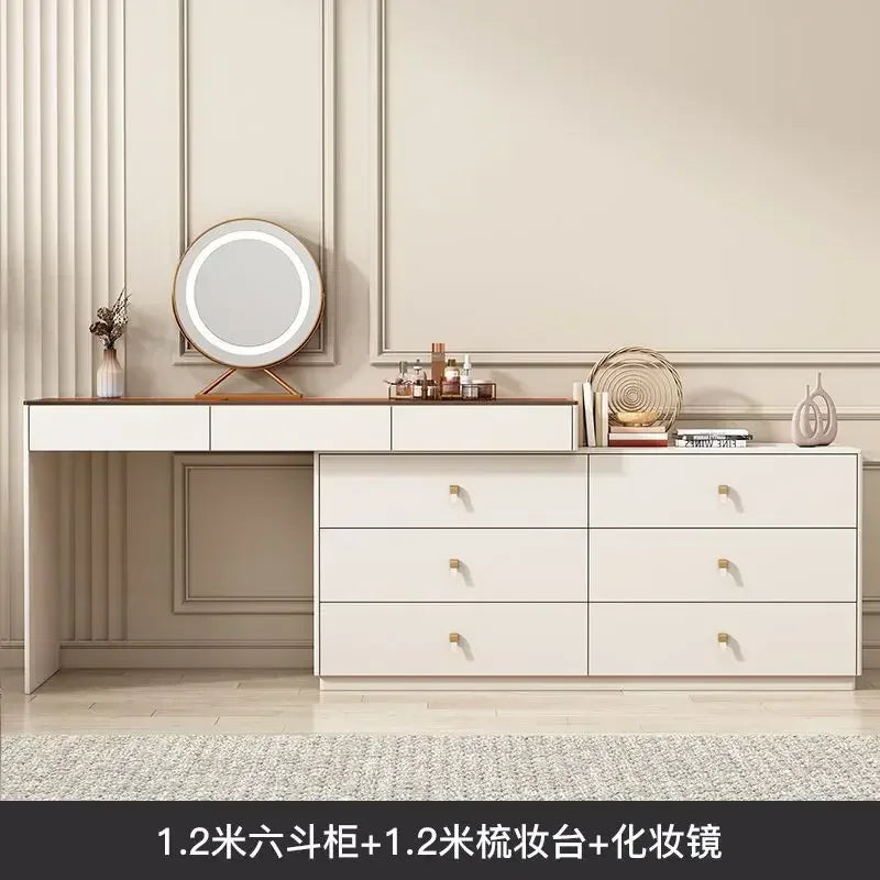 Modern Vanity Desk with LED Lighted Mirror, Luxury Corner Makeup Vanity Table 6 Drawers and Large Storage Dressing Table Shelves