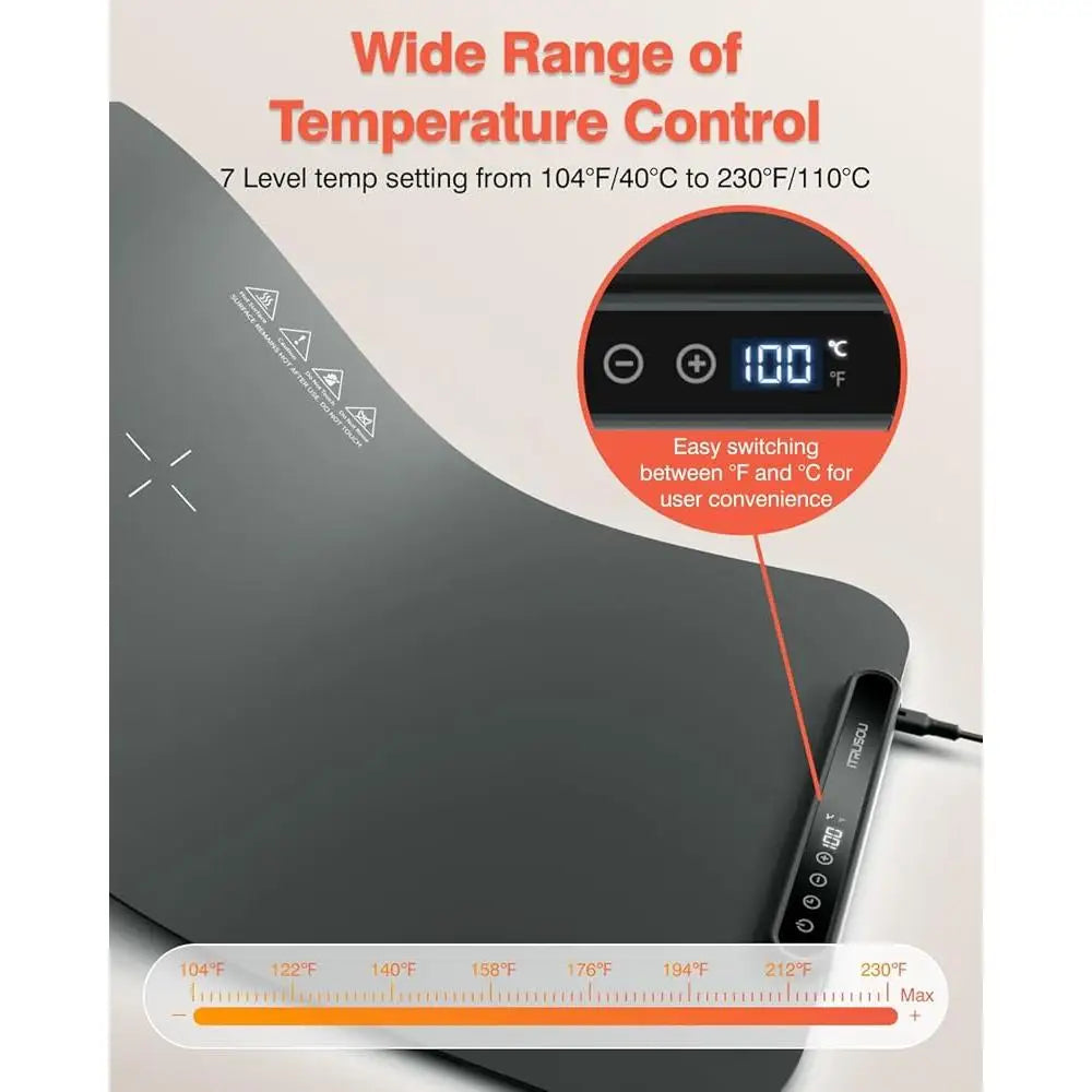 Silicone Electric Warming Mat Food Tray with 7 Temp Settings Auto Shut Off Timer Fahrenheit Celsius Easy Clean Large Surface