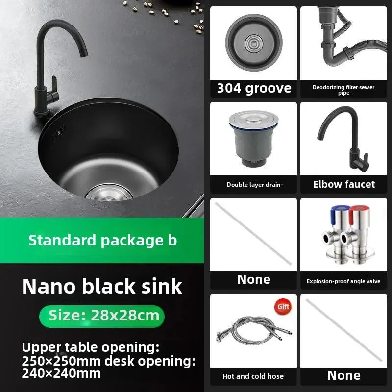 Black Round Bar Sink Nano Stainless Steel Single Basin Small Kitchen Dishwashing and Vegetable Washing Sink kitchen sink cocina