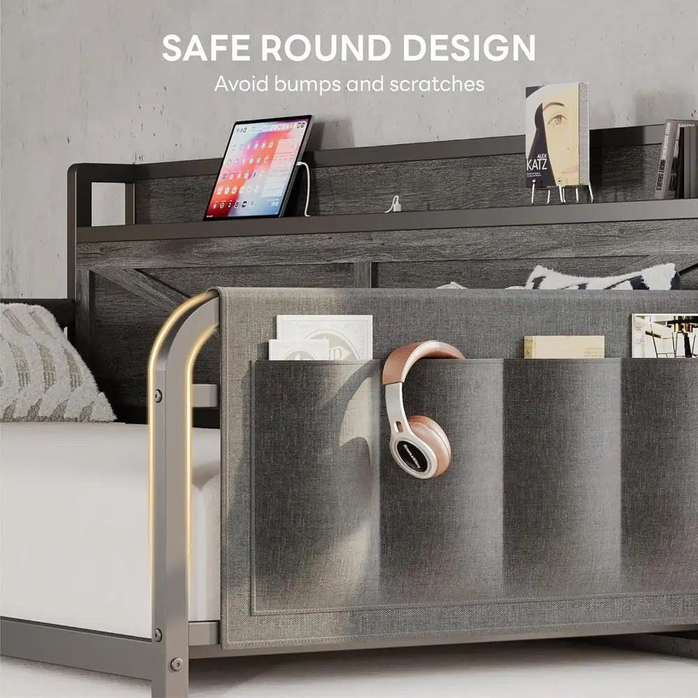 LIKIMIO Twin Daybed with Trundle Bed, Storage Headboard with Charging USB Station, Sofa Day Bed with Strong Supports for Bedroom