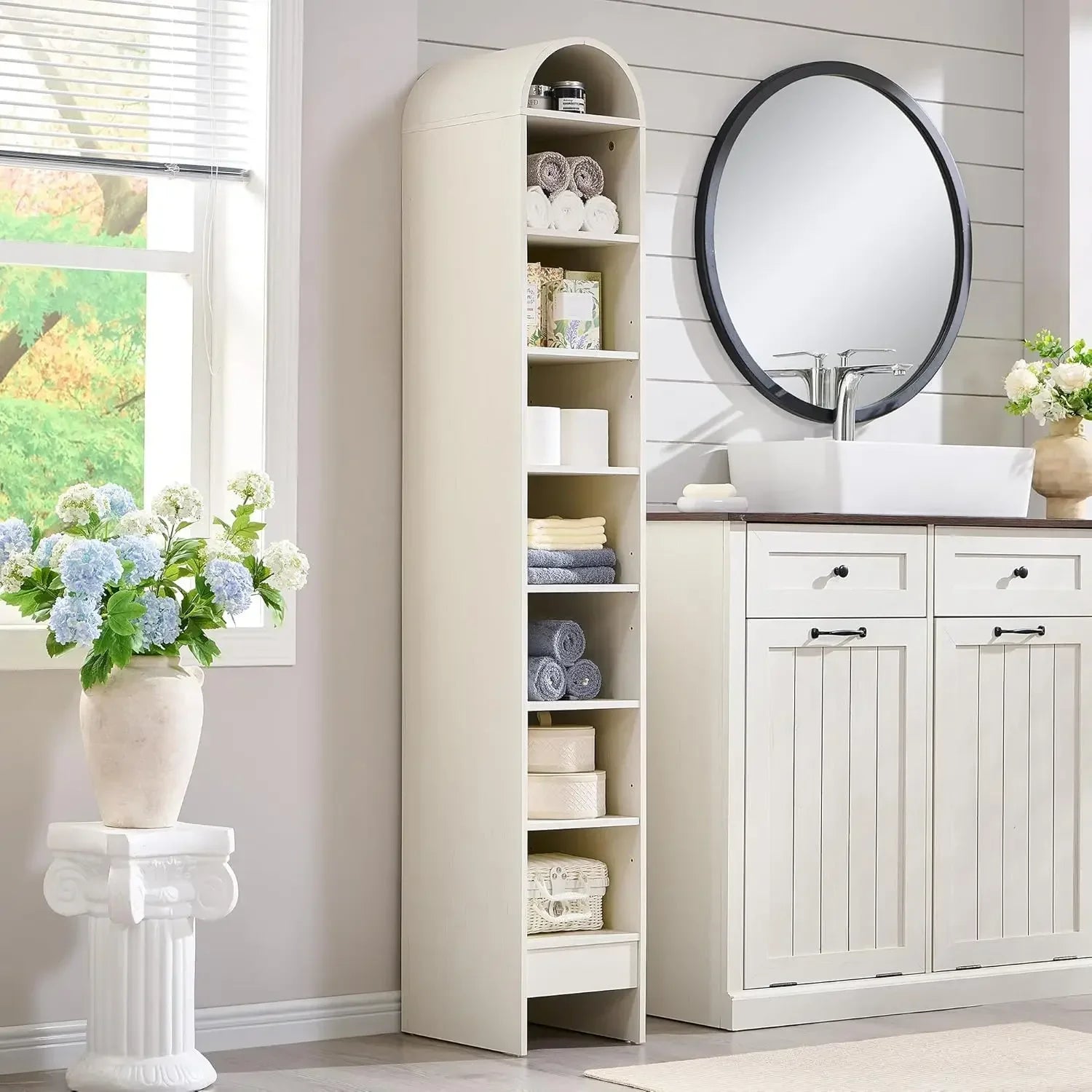 67" Tall Arched Bathroom Storage Cabinet,Modern Farmhouse Storage Cabinet with Adjustable Shelves,Wood Freestanding Cabinet