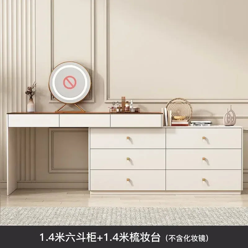 Modern Vanity Desk with LED Lighted Mirror, Luxury Corner Makeup Vanity Table 6 Drawers and Large Storage Dressing Table Shelves