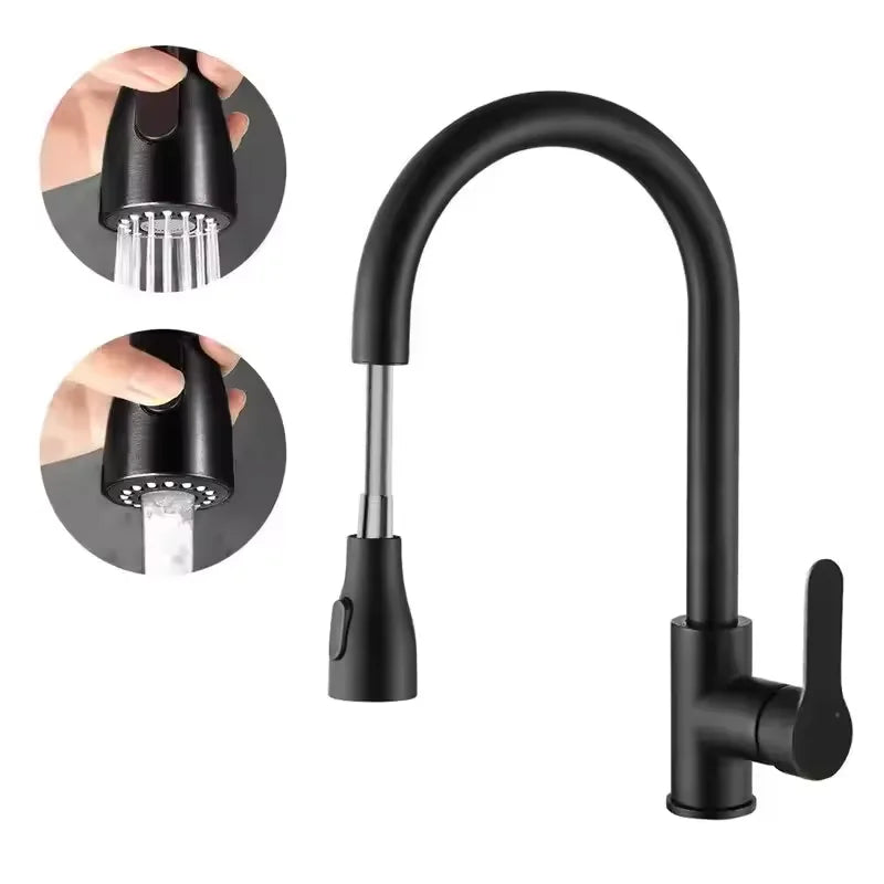 360° Stainless Steel Kitchen Faucet Single Hole Pull-out Spout Kitchen Sink Mixer Faucet Flow Spray Head Rotate Cleaning Faucet