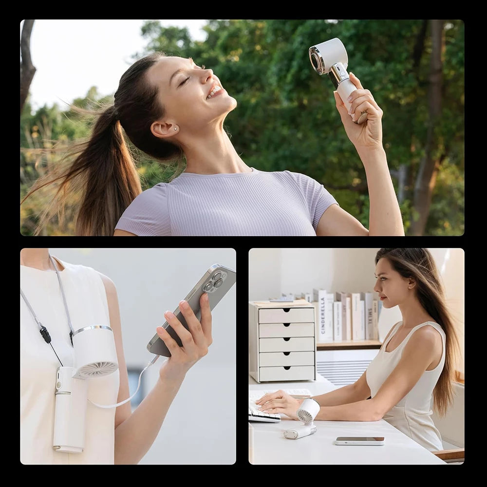 Ultra Portable Semiconductor Fan: 100-speed 11000RPM, Large Battery (charges phones), foldable/hanging. For family, travel, gift